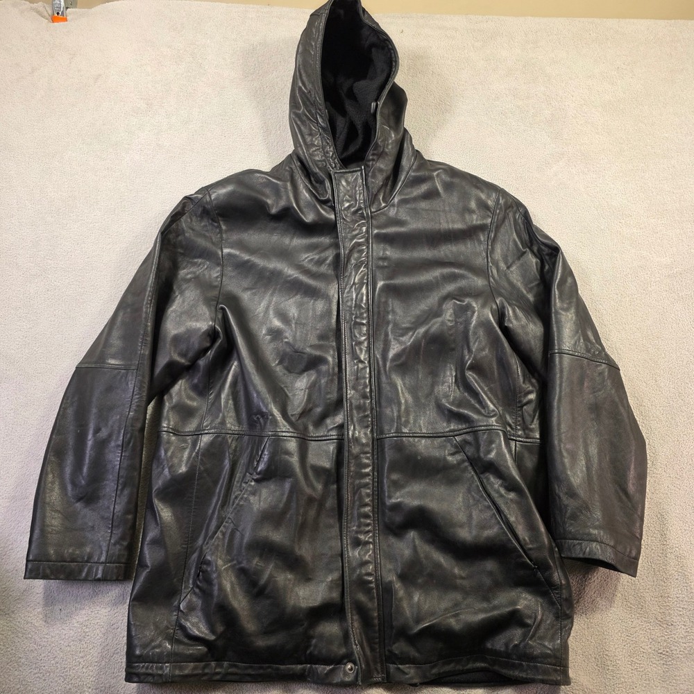 Bachrach Leather Jacket Mens Black Hooded Streetwear Gorpcore Dadcore Parka Coat